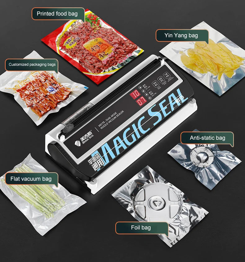 ماكينة تغليف الطعام بالتفريغ الهوائي MAGIC SEAL MS175، ماكينة تغليف الطعام الرطب بالتفريغ الهوائي للاستخدام المنزلي، ماكينة تغليف أكياس الطعام البلاستيكية الاحترافية