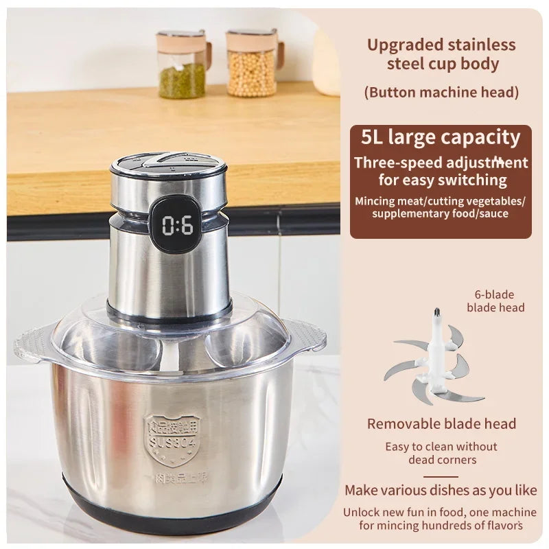 مفرمة لحم كهربائية متعددة الوظائف سعة 5 لترات مصنوعة من الفولاذ المقاوم للصدأ 304، تُستخدم لسحق الطعام وتقطيع الخضراوات وفرمها وتجهيز طعام الأطفال.