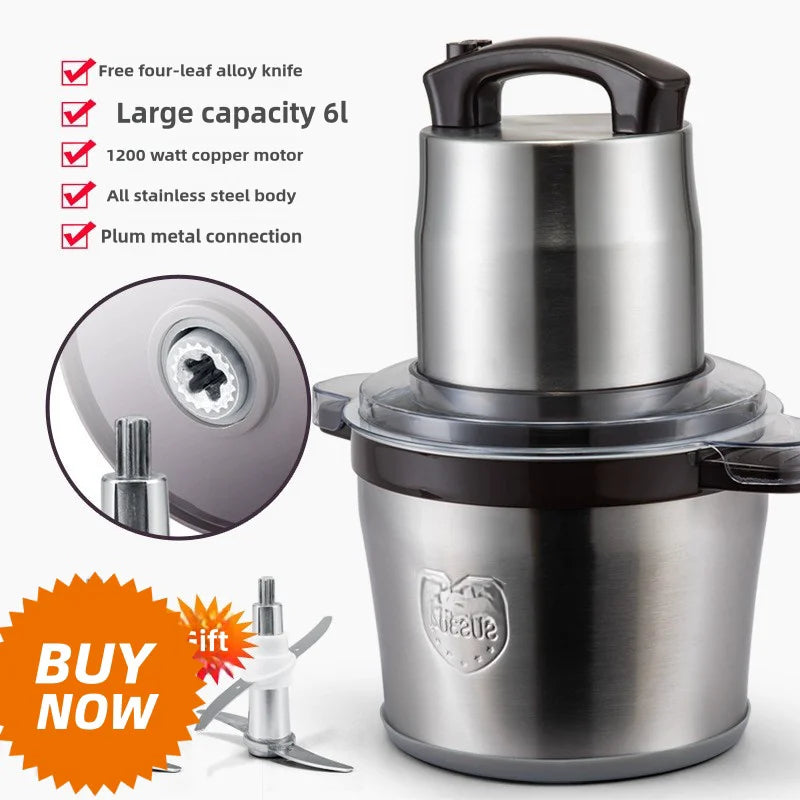 مفرمة لحم كهربائية سعة 6 لترات، كسارة طعام، قطاعة خضروات متعددة الوظائف من الفولاذ المقاوم للصدأ، معالج ومفرمة، أجهزة مطبخ