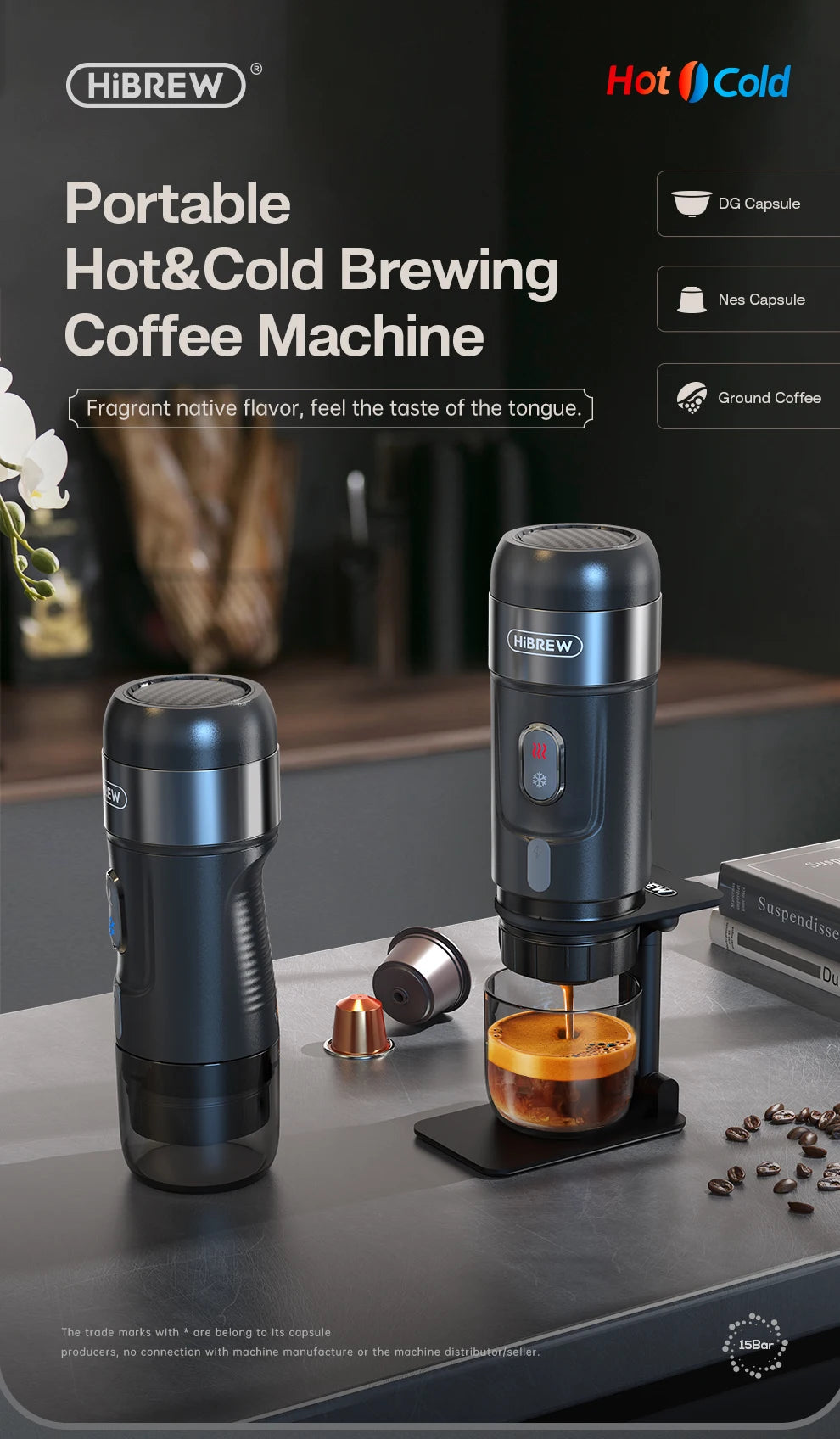 ماكينة قهوة محمولة من HiBREW للسيارة والمنزل، تعمل بجهد 12 فولت تيار مستمر، مناسبة لكبسولات قهوة نيكسبرسو دولتشي ومسحوق القهوة H4A