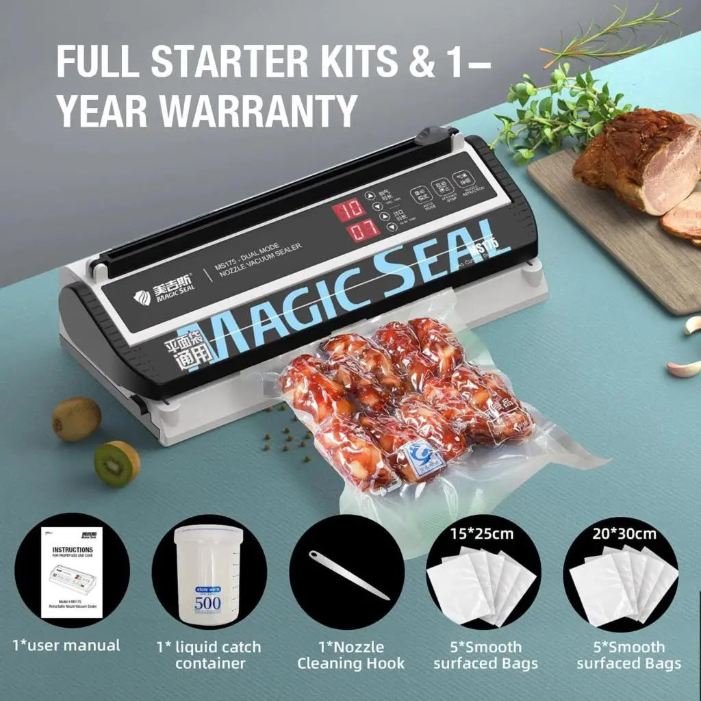 ماكينة تغليف الطعام بالتفريغ الهوائي MAGIC SEAL MS175، ماكينة تغليف الطعام الرطب بالتفريغ الهوائي للاستخدام المنزلي، ماكينة تغليف أكياس الطعام البلاستيكية الاحترافية