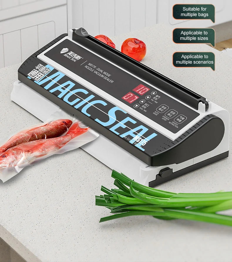 ماكينة تغليف الطعام بالتفريغ الهوائي MAGIC SEAL MS175، ماكينة تغليف الطعام الرطب بالتفريغ الهوائي للاستخدام المنزلي، ماكينة تغليف أكياس الطعام البلاستيكية الاحترافية