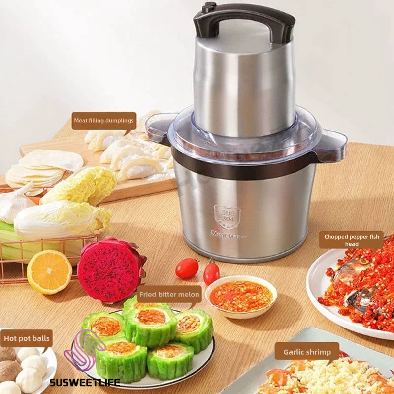 مفرمة لحم كهربائية سعة 6 لترات، كسارة طعام، قطاعة خضروات متعددة الوظائف من الفولاذ المقاوم للصدأ، معالج ومفرمة، أجهزة مطبخ